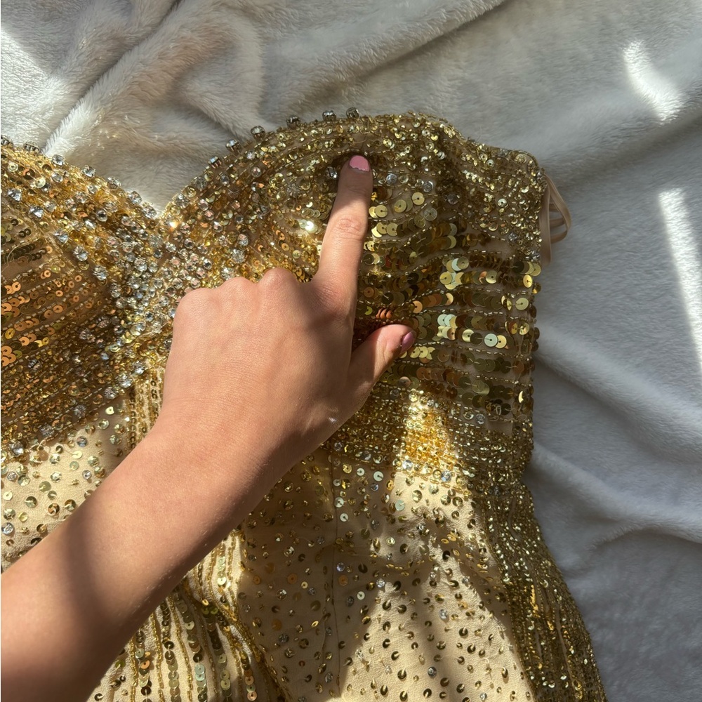 Basix Black Label Gold Sequin beaded embellished silk stone Strapless mini Dress - Picture 16 of 17
